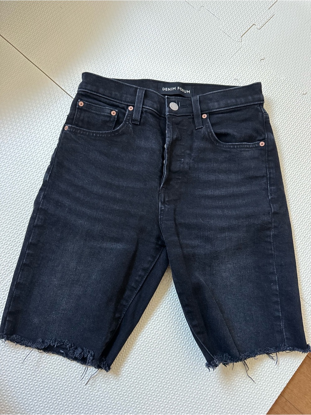 Denim Forum Black High-Rise Bermuda Shorts with Subtle Fray